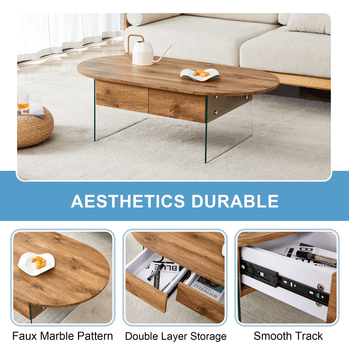 Elegant Coffee Table with Double Drawers and Transparent Glass Sides in MDF and Glass - Mervyns
