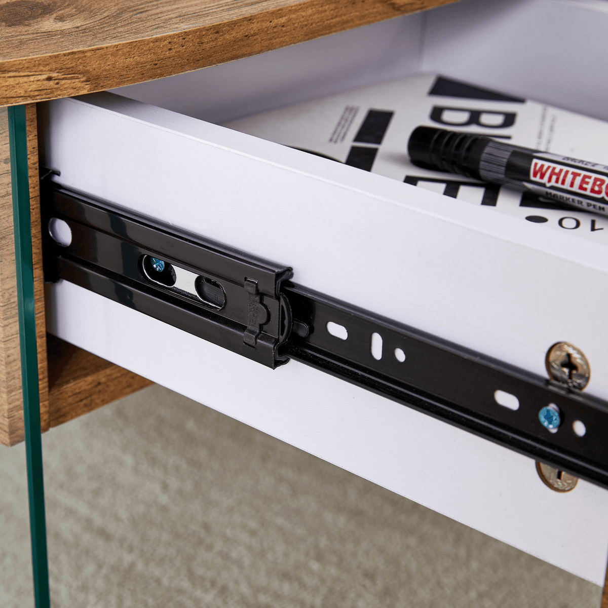 Elegant Coffee Table with Double Drawers and Transparent Glass Sides in MDF and Glass - Mervyns