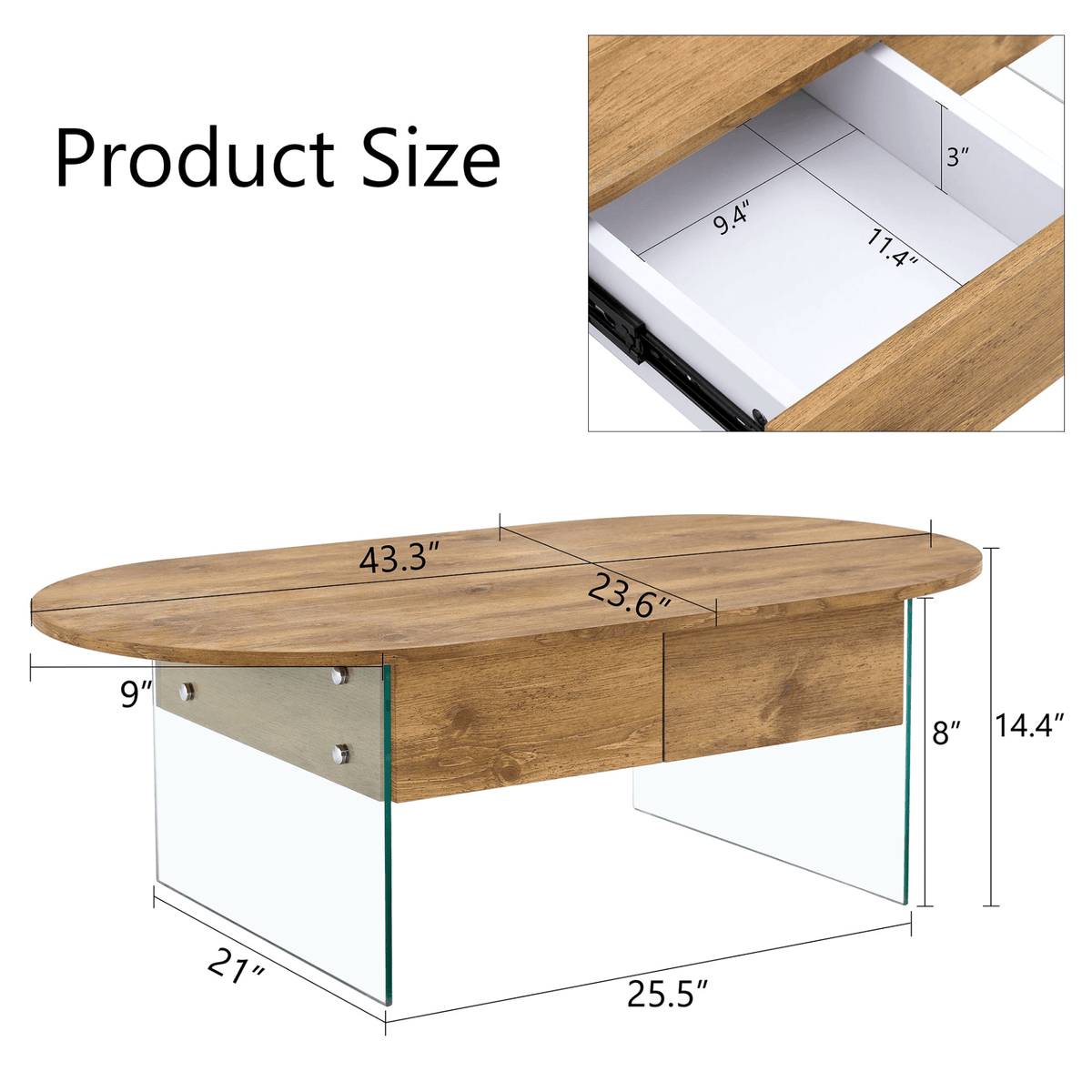 Elegant Coffee Table with Double Drawers and Transparent Glass Sides in MDF and Glass - Mervyns