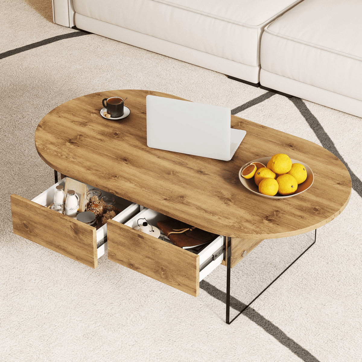 Elegant Coffee Table with Double Drawers and Transparent Glass Sides in MDF and Glass - Mervyns