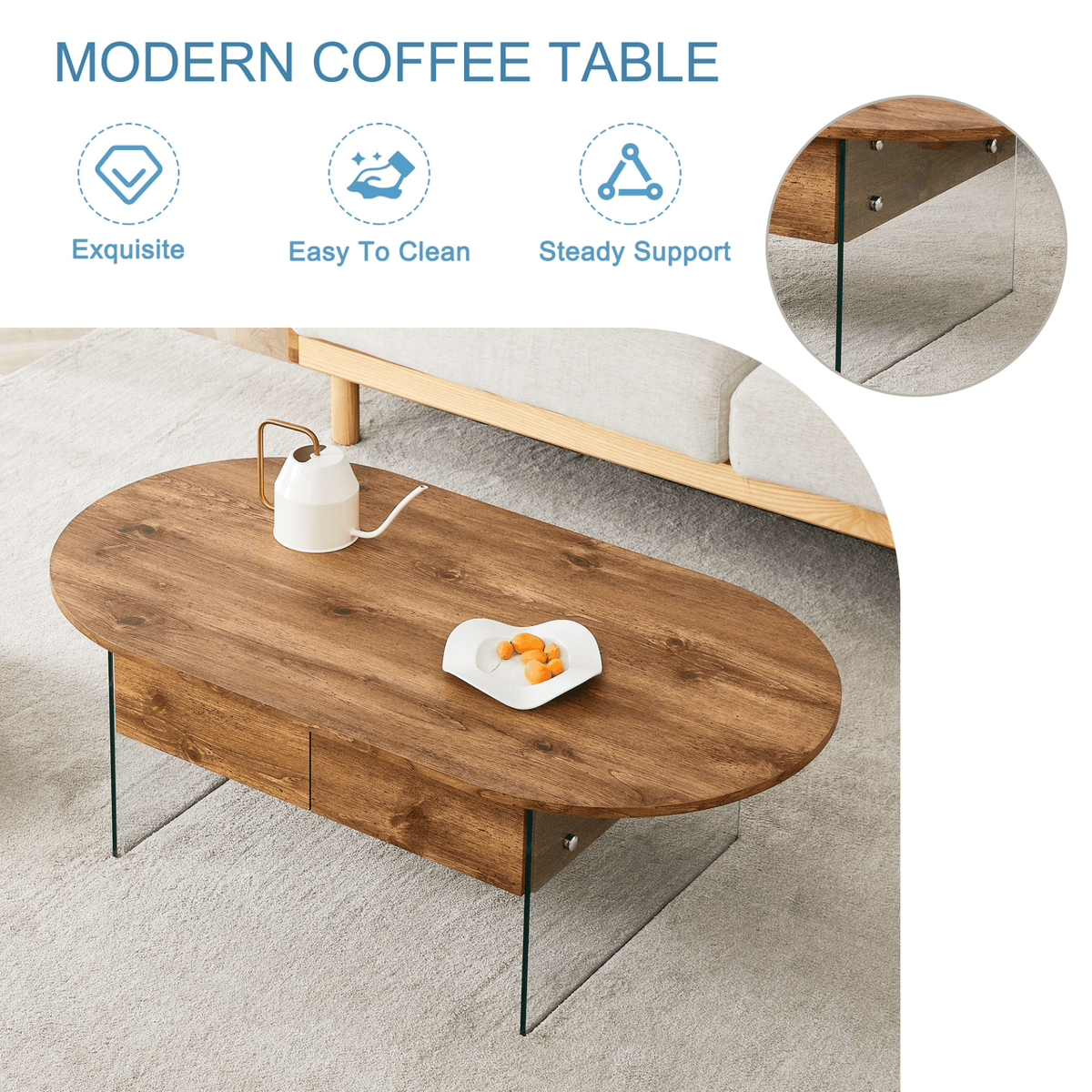 Elegant Coffee Table with Double Drawers and Transparent Glass Sides in MDF and Glass - Mervyns