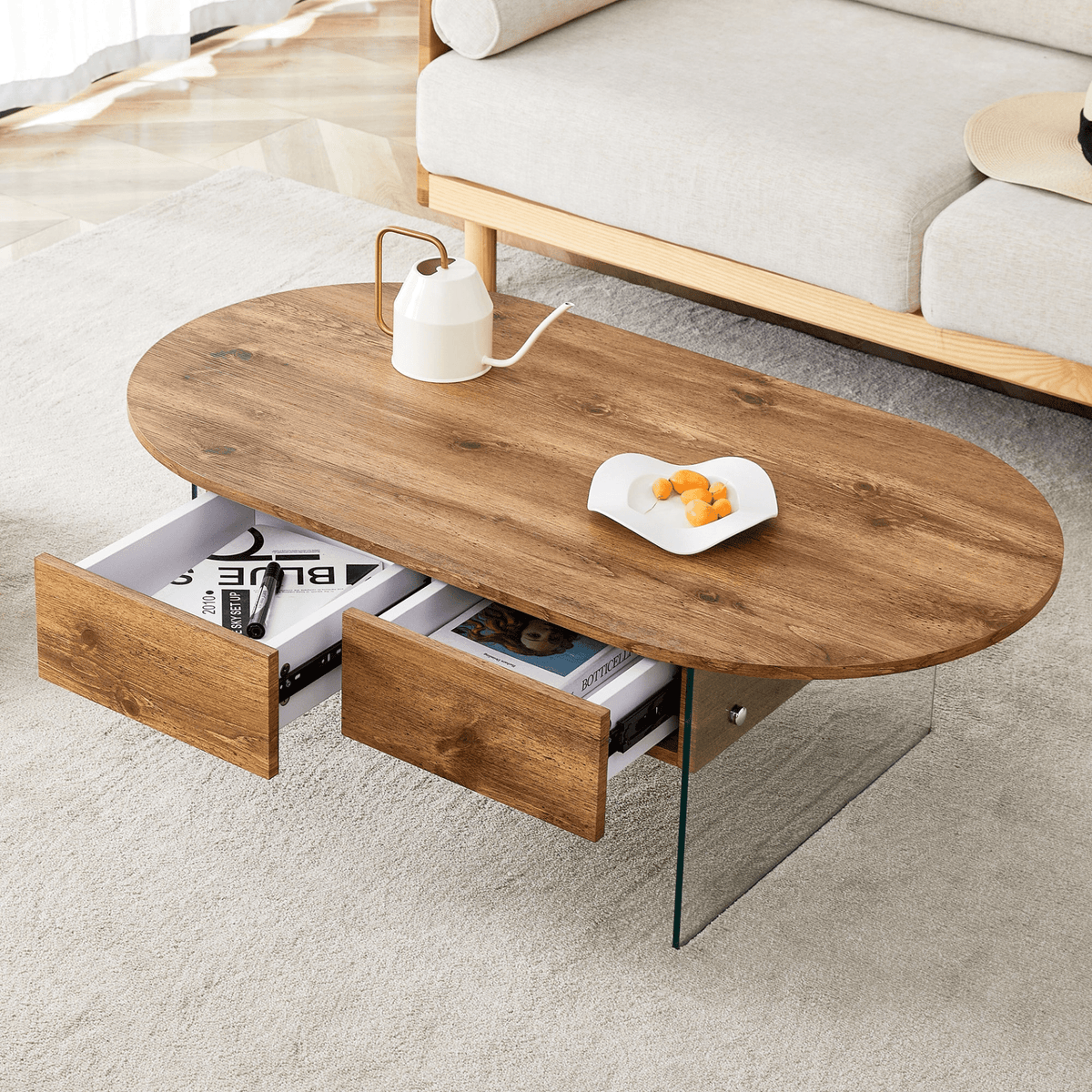 Elegant Coffee Table with Double Drawers and Transparent Glass Sides in MDF and Glass - Mervyns