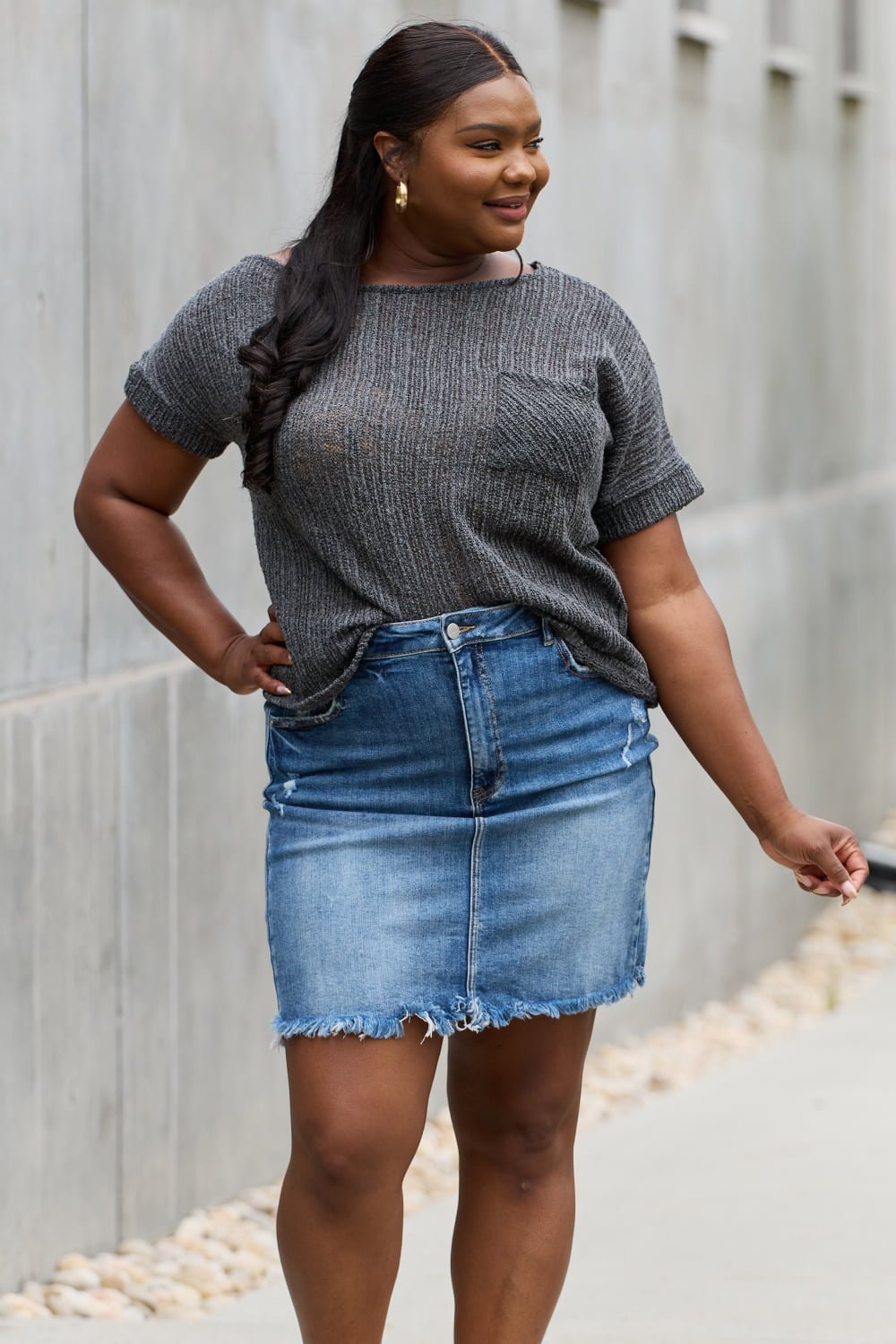 e.Luna Full Size Chunky Knit Short Sleeve Top in Gray - Mervyns