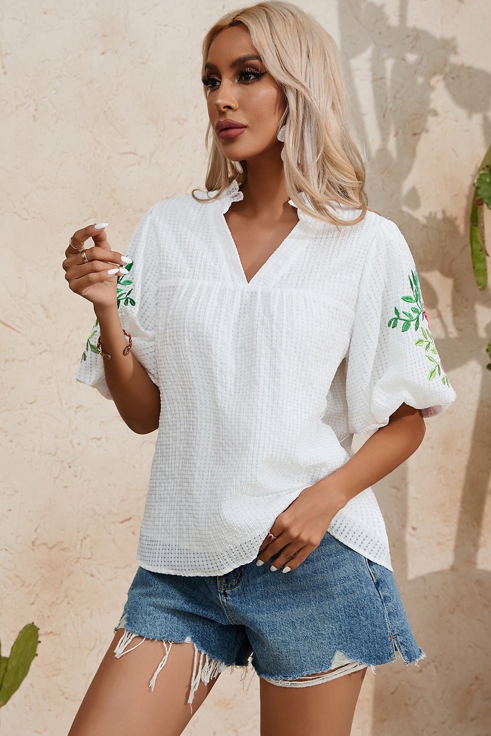 Embroidered Notched Half Sleeve Blouse - Mervyns