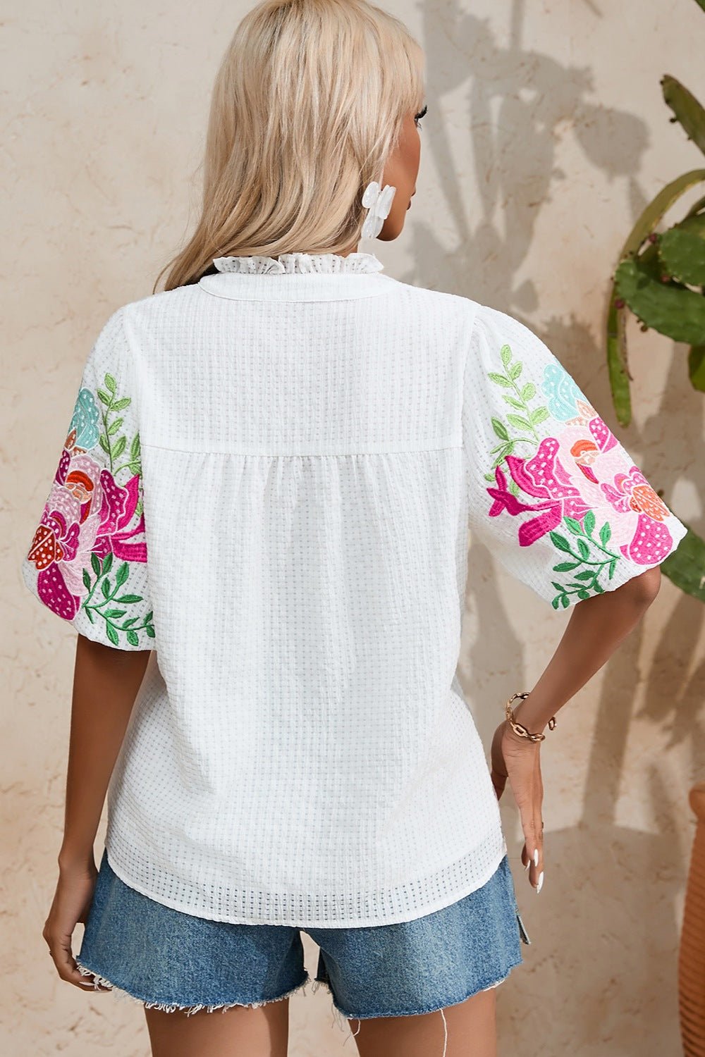 Embroidered Notched Half Sleeve Blouse - Mervyns