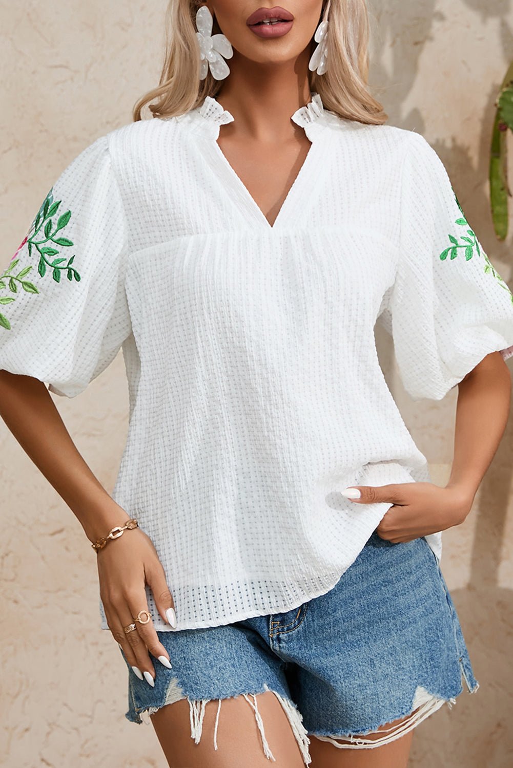 Embroidered Notched Half Sleeve Blouse - Mervyns