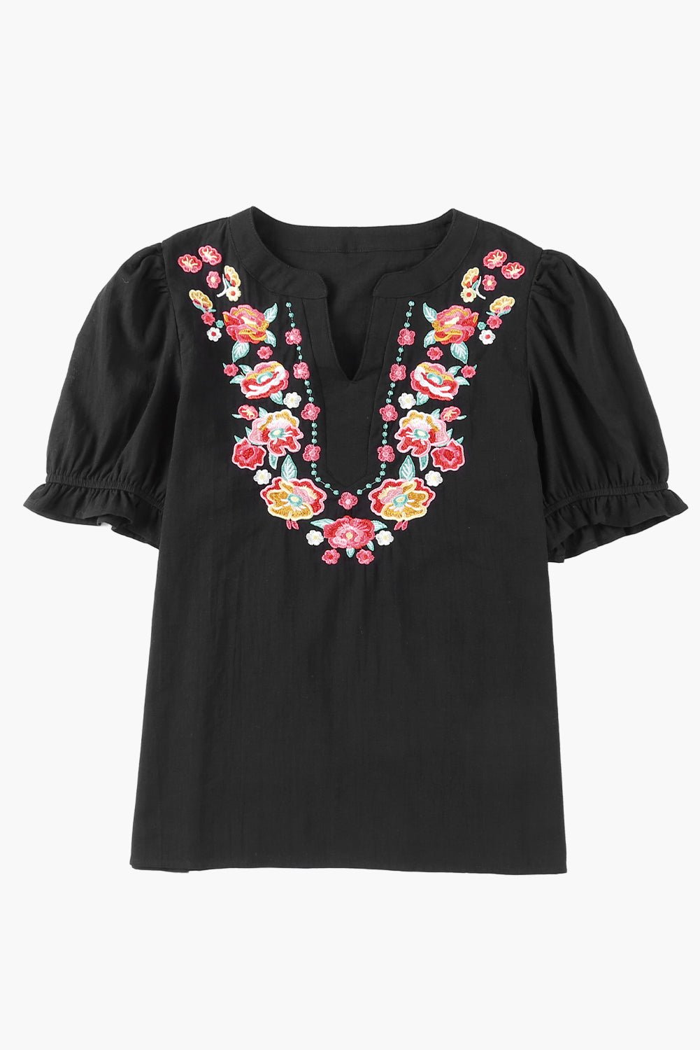 Embroidered Notched Neck Flounce Sleeve Top - Mervyns