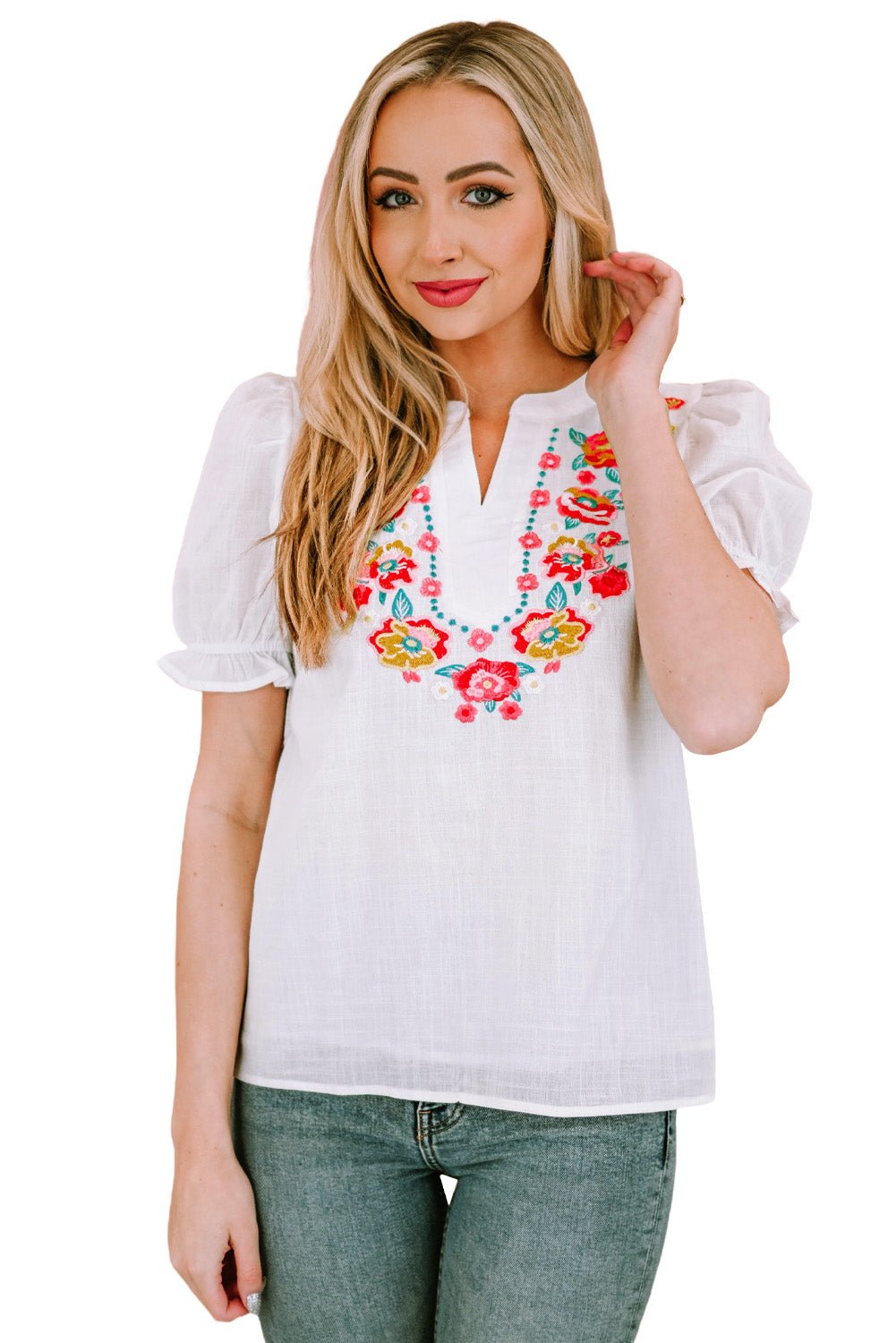 Embroidered Notched Neck Flounce Sleeve Top - Mervyns