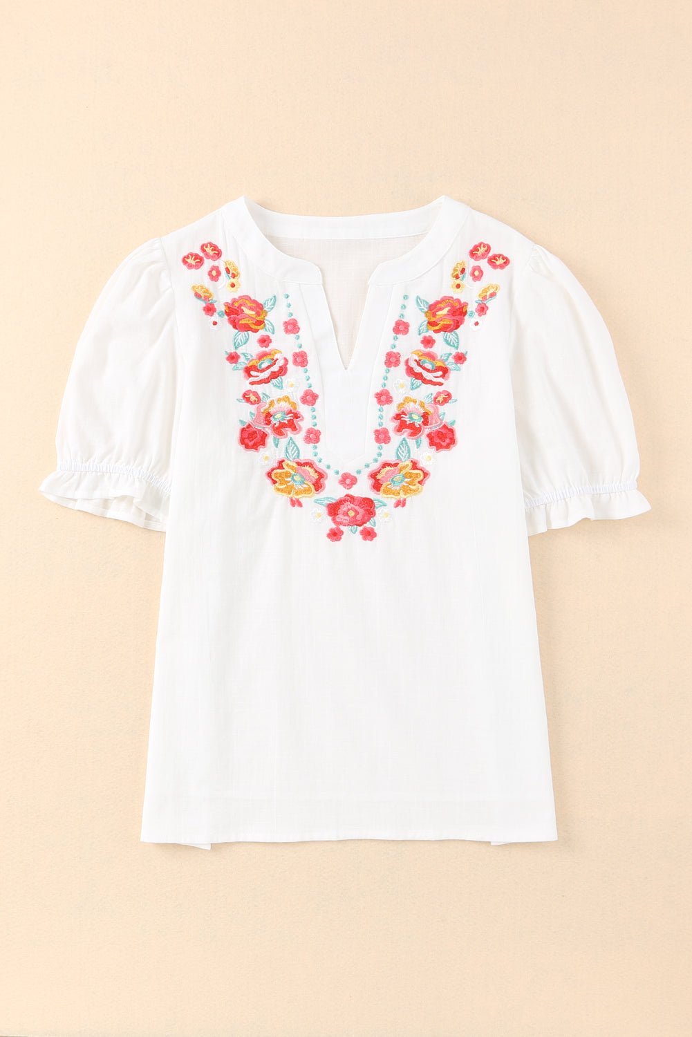 Embroidered Notched Neck Flounce Sleeve Top - Mervyns