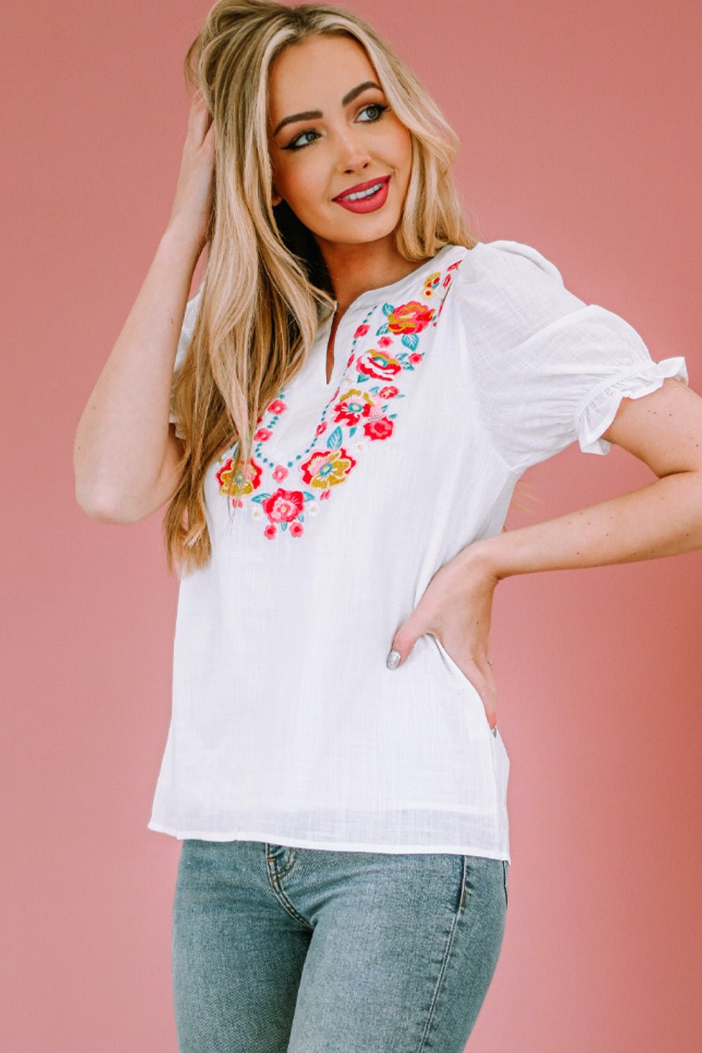 Embroidered Notched Neck Flounce Sleeve Top - Mervyns