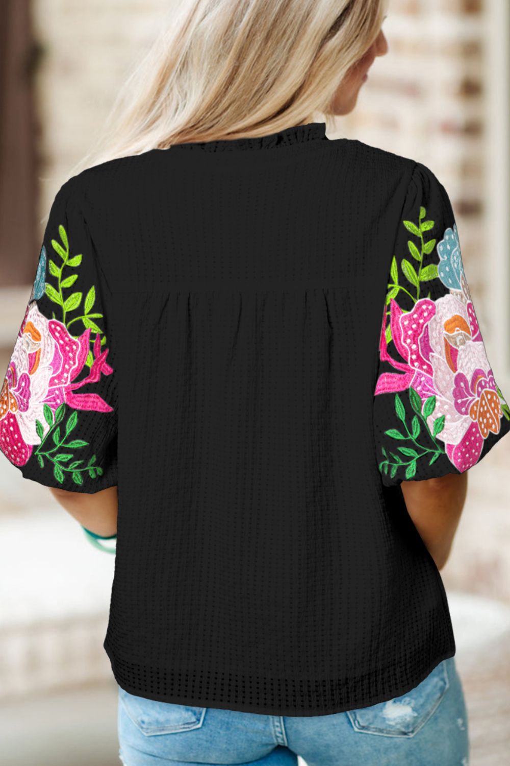 Embroidered Notched Puff Sleeve Blouse - Mervyns