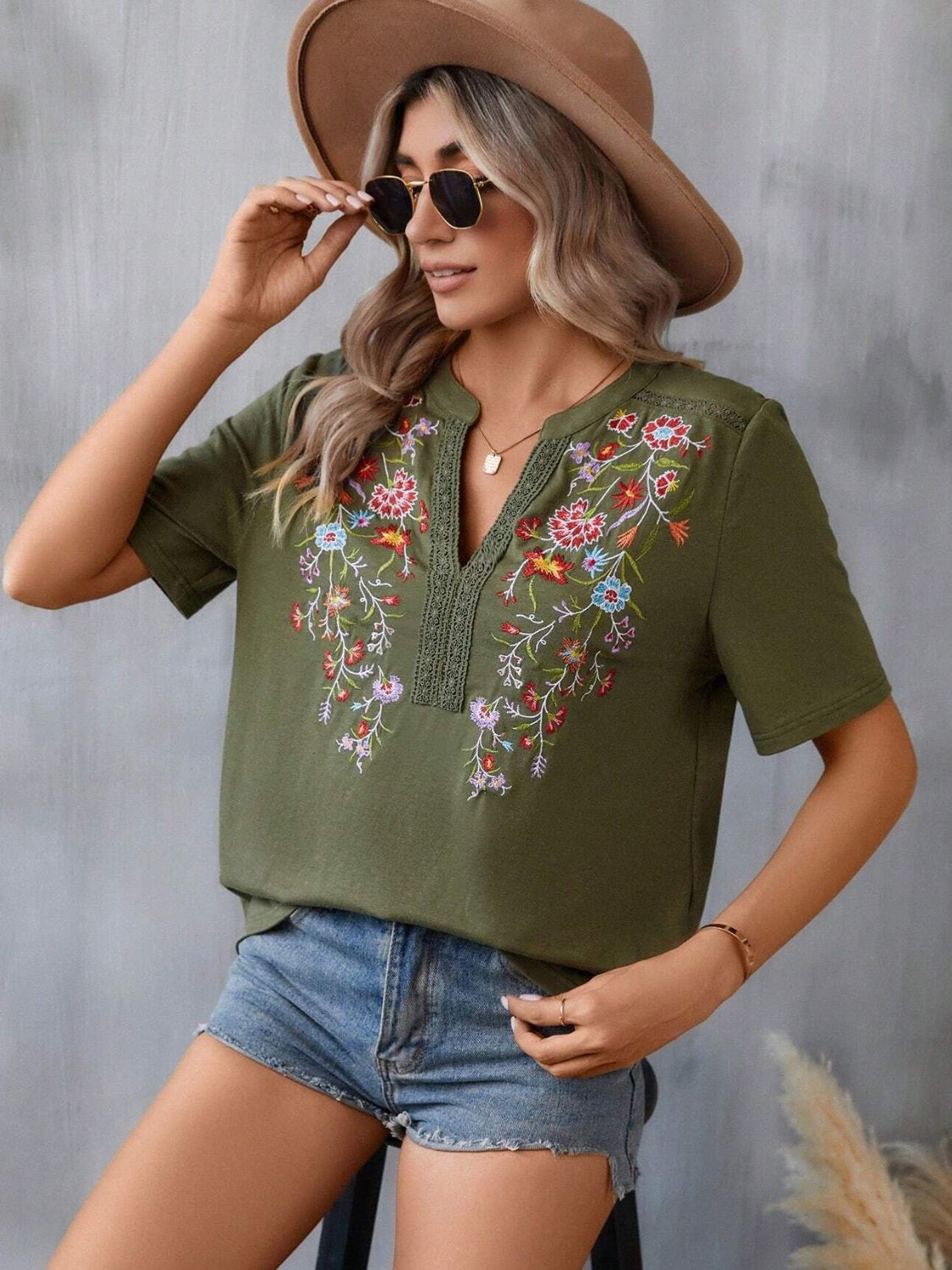 Embroidered Notched Short Sleeve T-Shirt - Mervyns