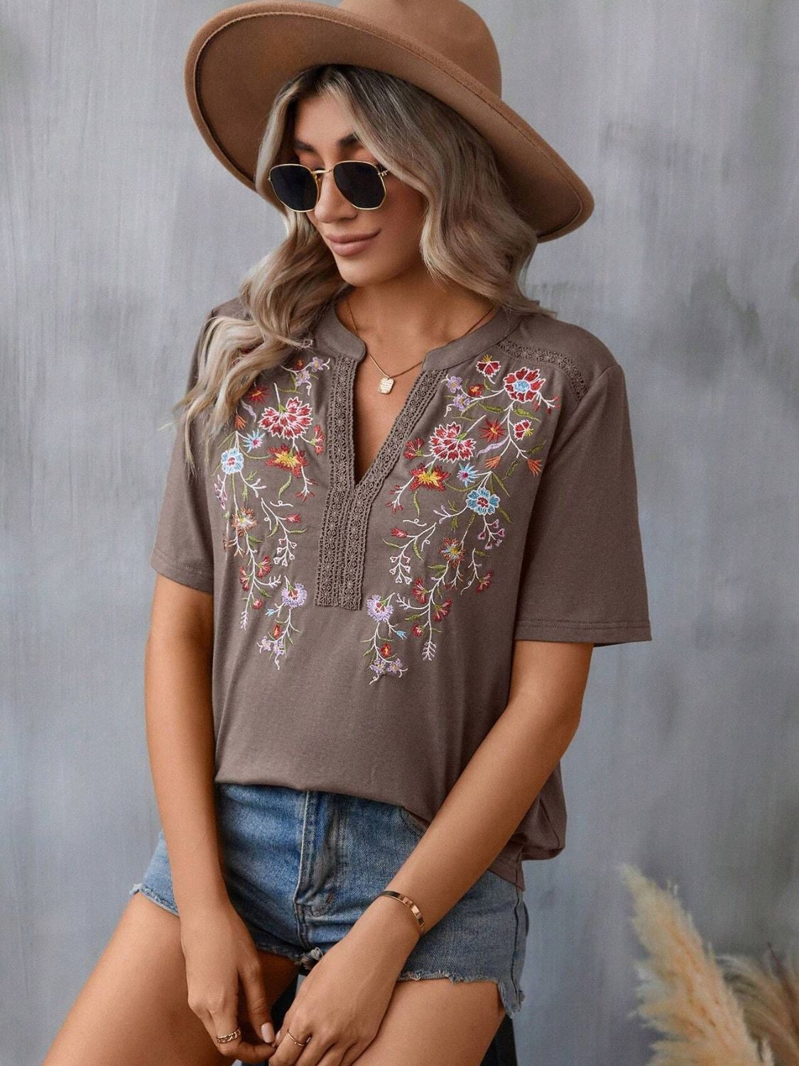 Embroidered Notched Short Sleeve T-Shirt - Mervyns