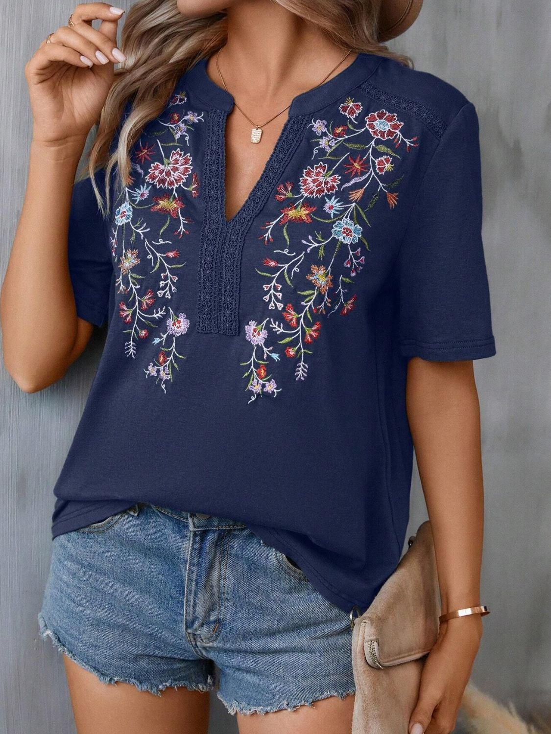 Embroidered Notched Short Sleeve T-Shirt - Mervyns