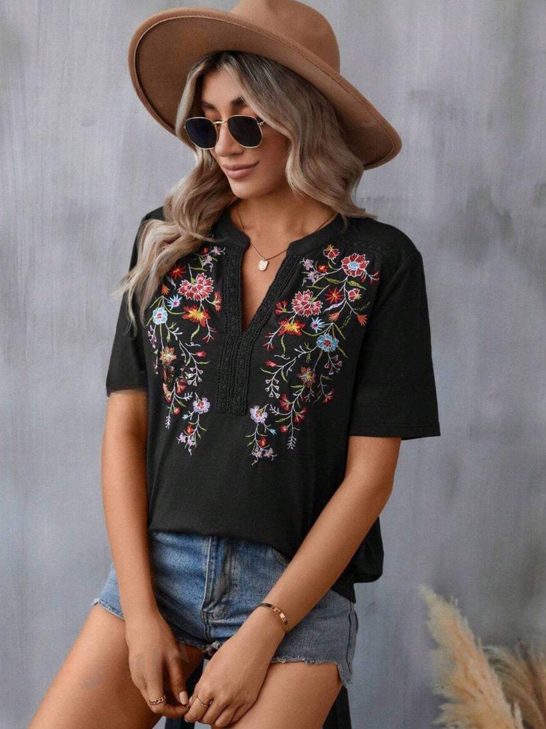 Embroidered Notched Short Sleeve T-Shirt - Mervyns