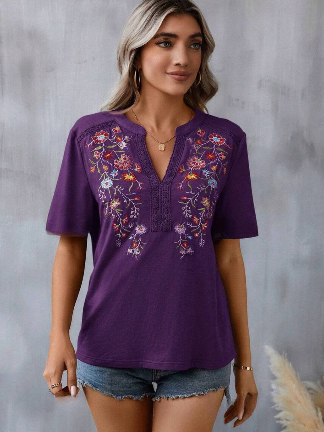 Embroidered Notched Short Sleeve T-Shirt - Mervyns