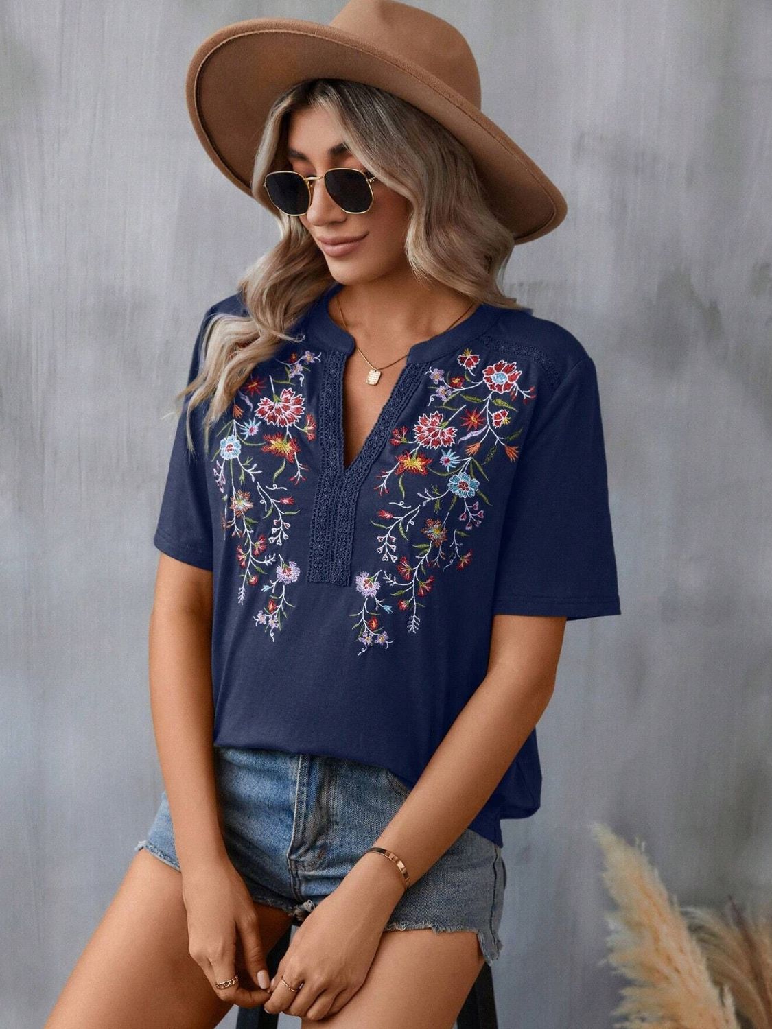 Embroidered Notched Short Sleeve T-Shirt - Mervyns