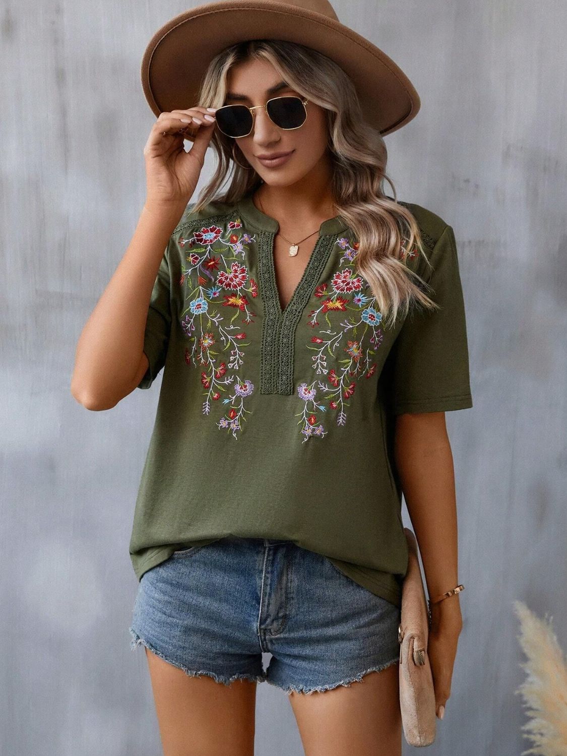 Embroidered Notched Short Sleeve T-Shirt - Mervyns