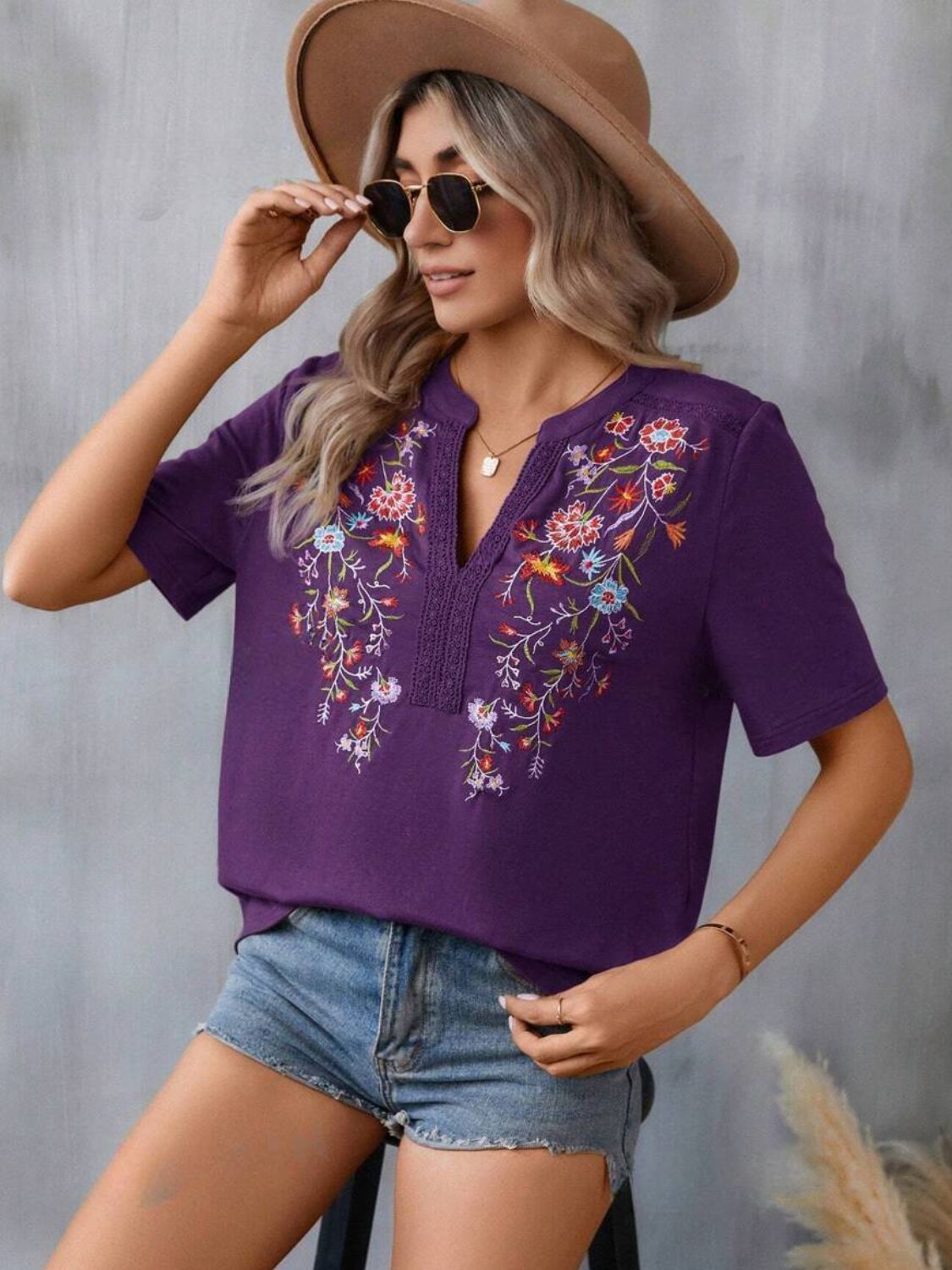 Embroidered Notched Short Sleeve T-Shirt - Mervyns