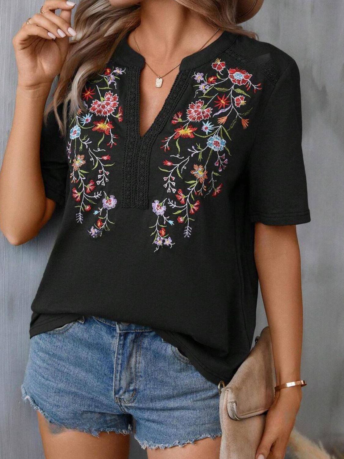 Embroidered Notched Short Sleeve T-Shirt - Mervyns