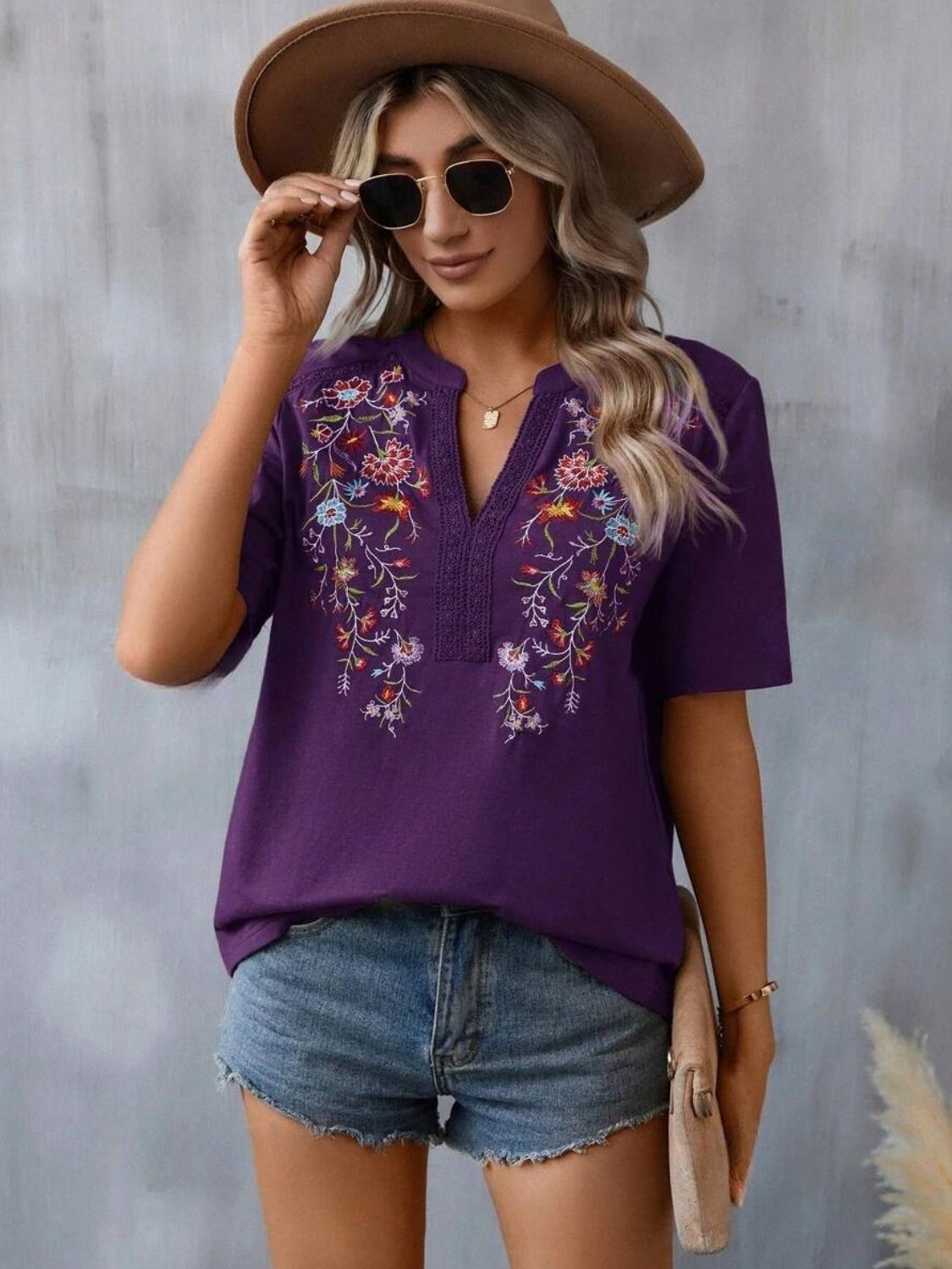 Embroidered Notched Short Sleeve T-Shirt - Mervyns