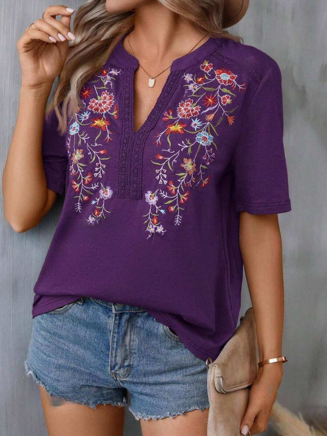 Embroidered Notched Short Sleeve T-Shirt - Mervyns