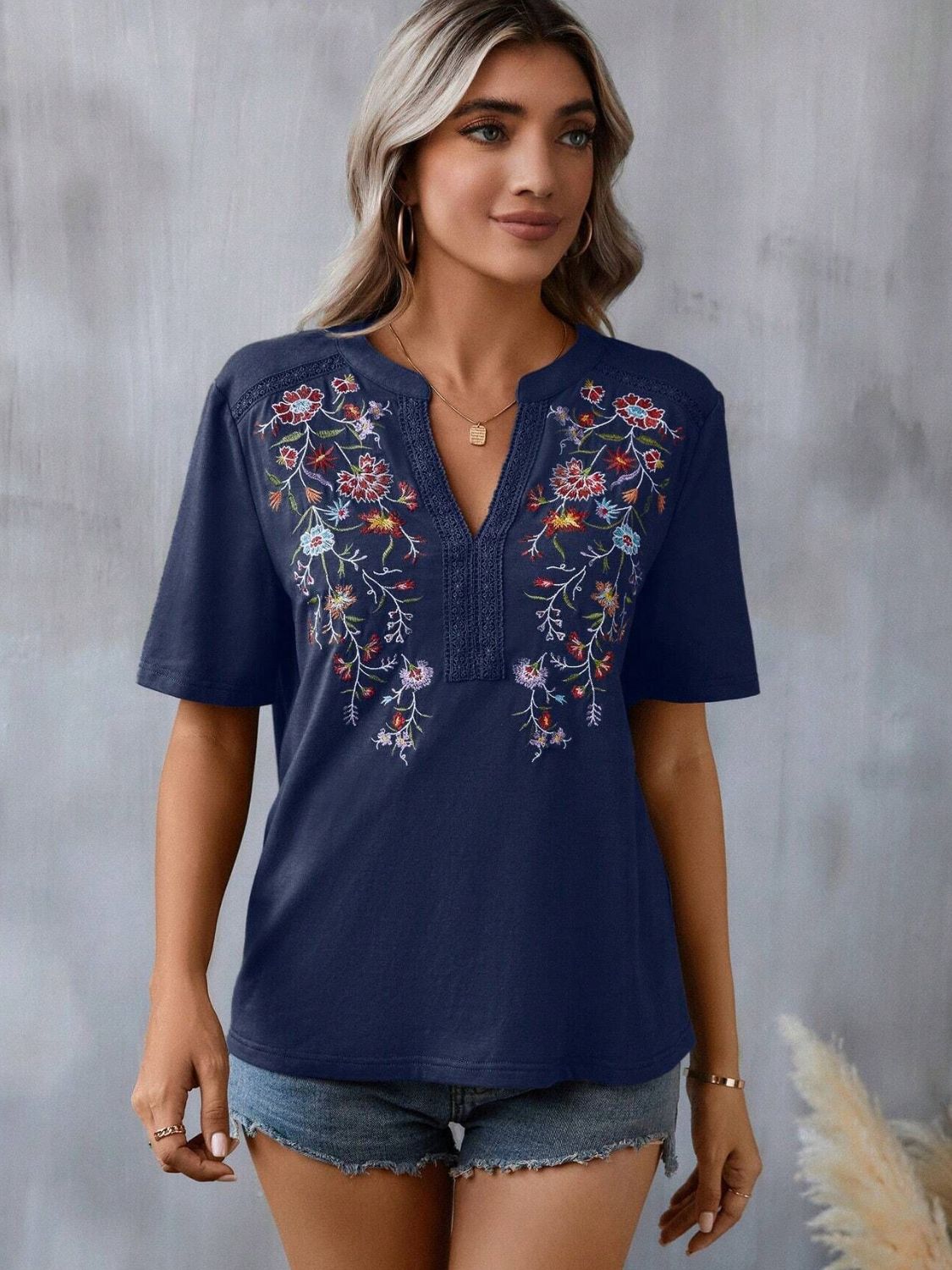 Embroidered Notched Short Sleeve T-Shirt - Mervyns