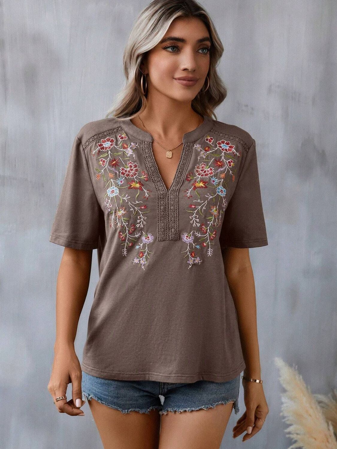 Embroidered Notched Short Sleeve T-Shirt - Mervyns