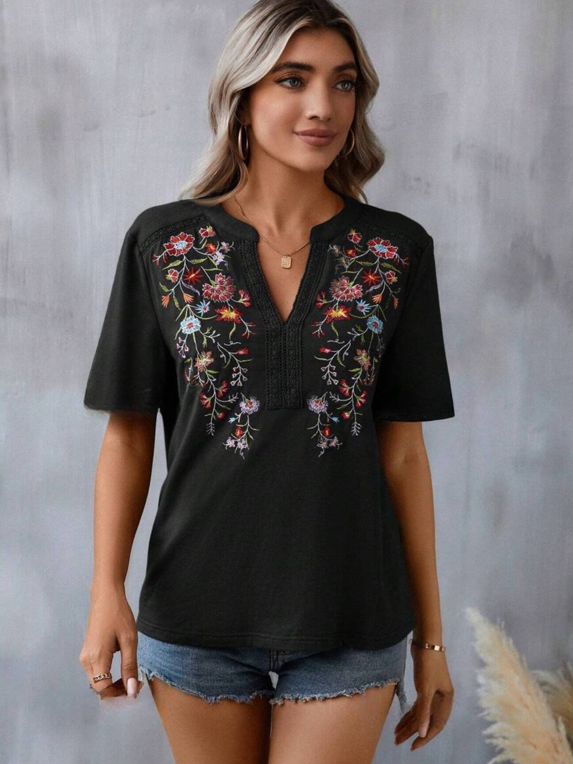 Embroidered Notched Short Sleeve T-Shirt - Mervyns