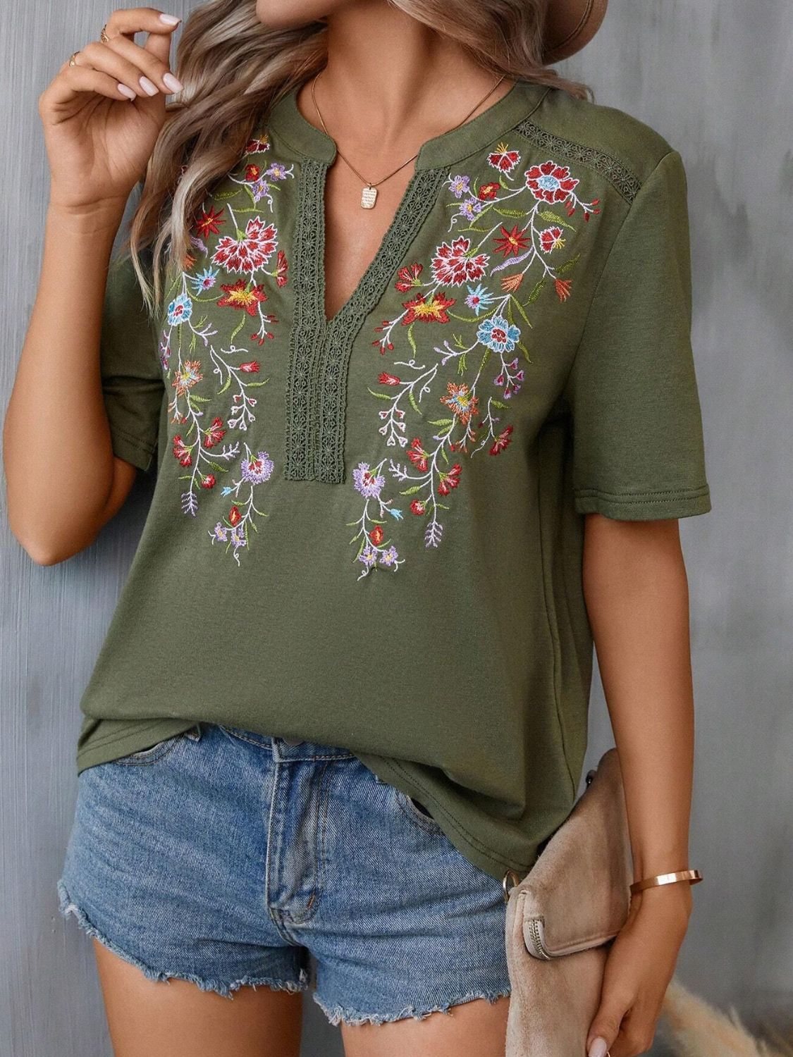 Embroidered Notched Short Sleeve T-Shirt - Mervyns