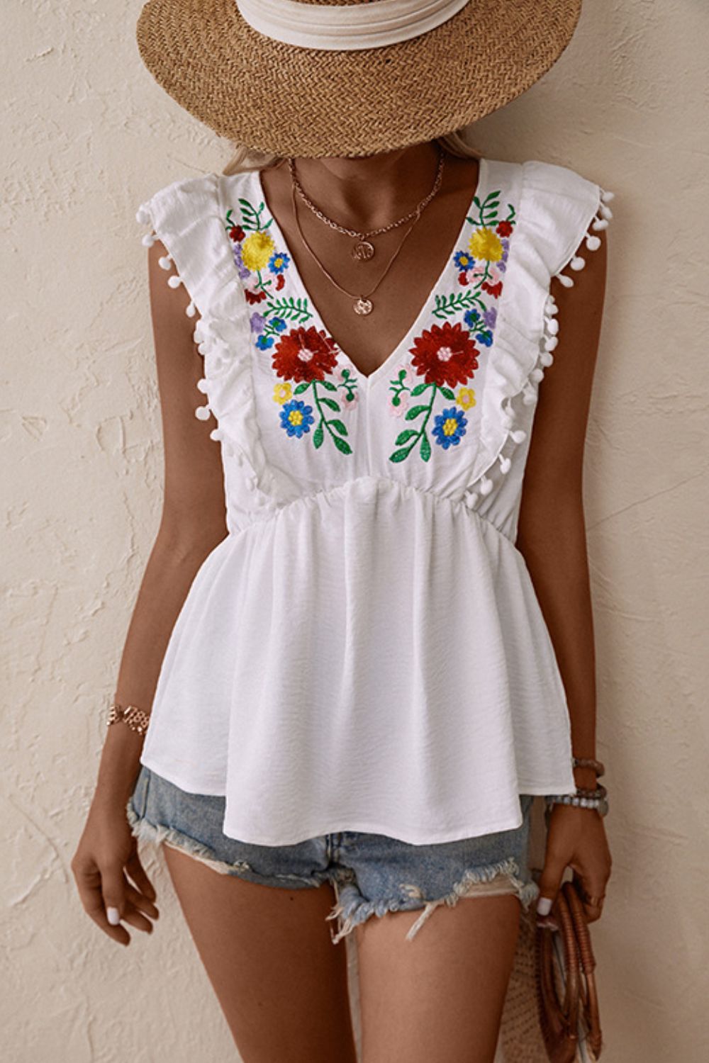 Embroidered Pom - Pom Trim Cap Sleeve Babydoll Top - Mervyns