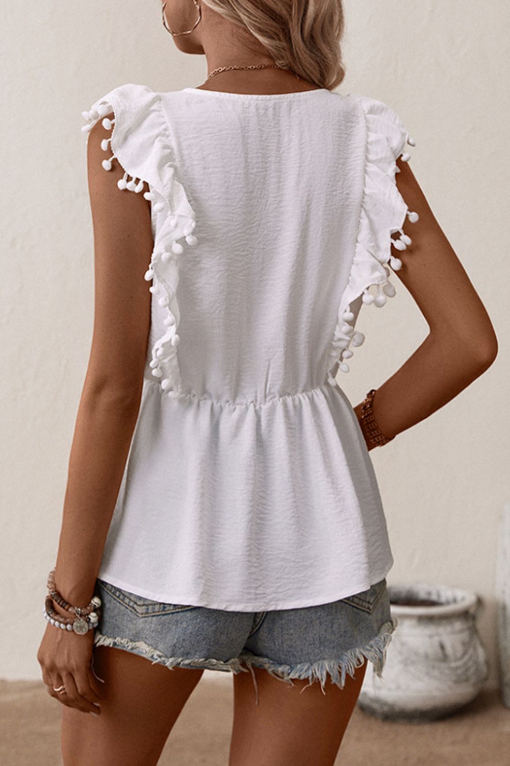 Embroidered Pom - Pom Trim Cap Sleeve Babydoll Top - Mervyns