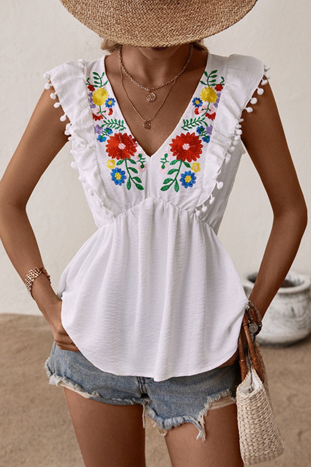 Embroidered Pom - Pom Trim Cap Sleeve Babydoll Top - Mervyns