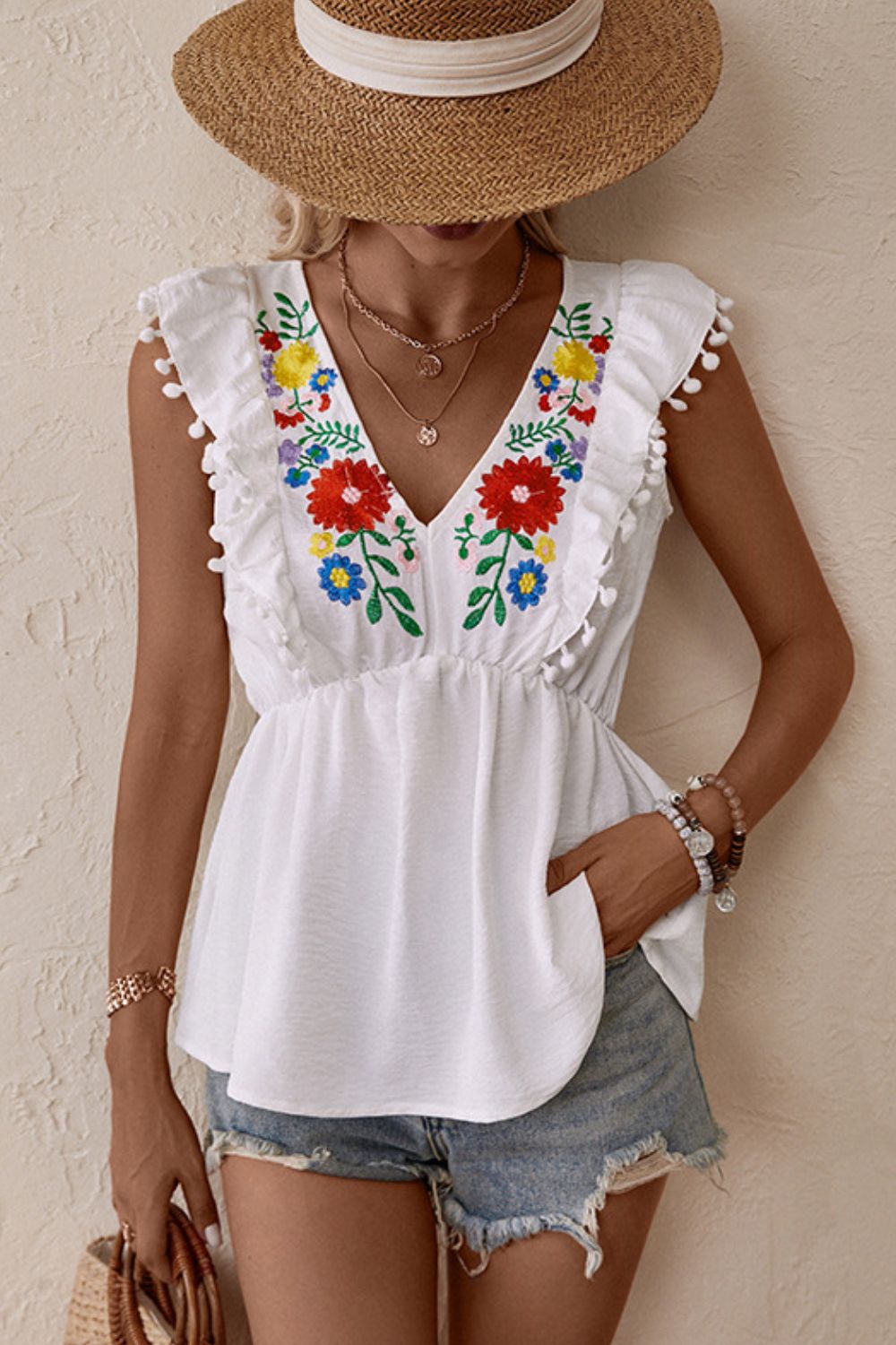 Embroidered Pom - Pom Trim Cap Sleeve Babydoll Top - Mervyns