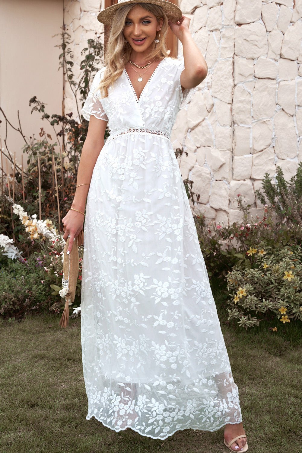 Embroidered Short Sleeve Surplice Neck Maxi Dress - Mervyns