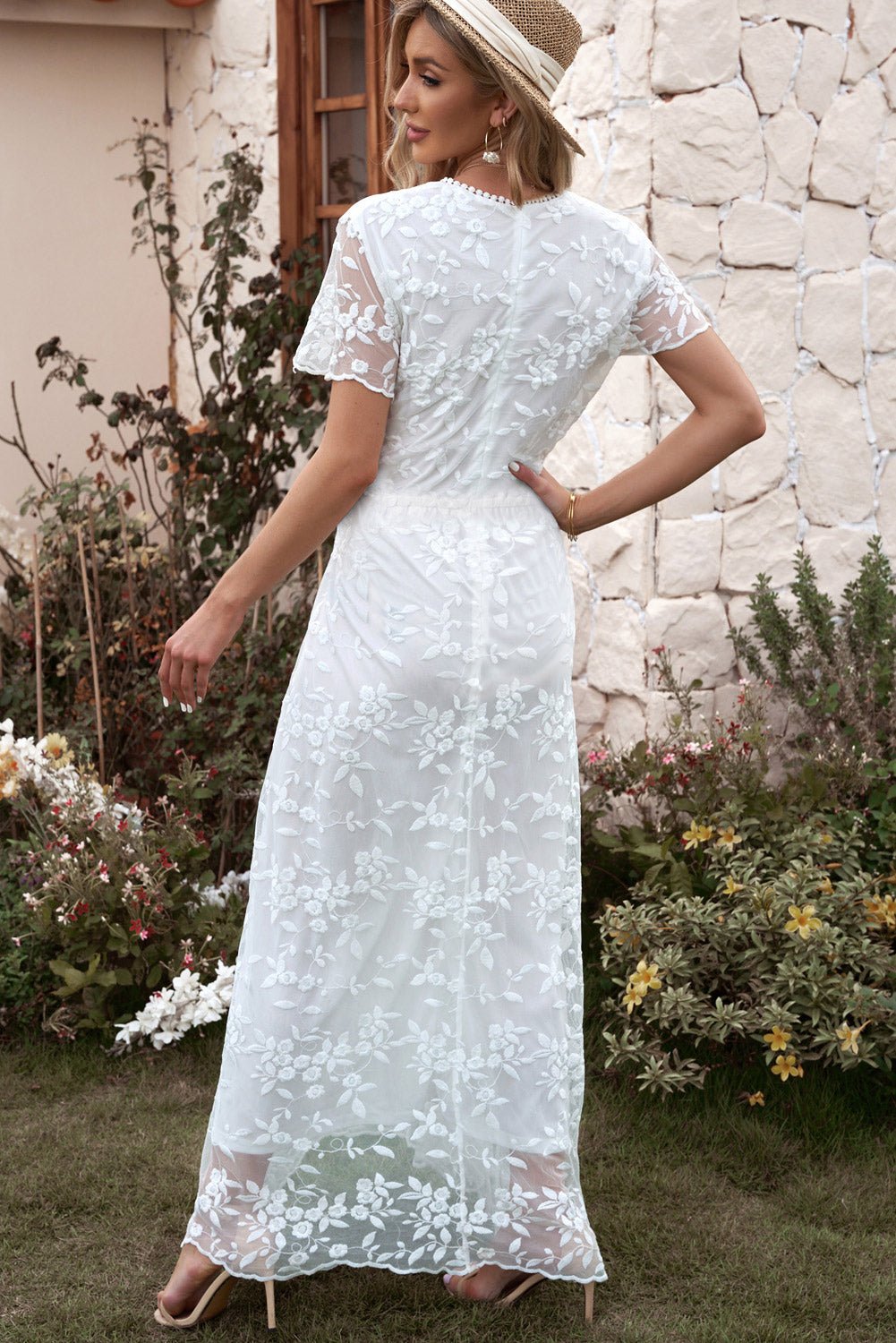 Embroidered Short Sleeve Surplice Neck Maxi Dress - Mervyns