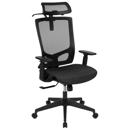 Ergonomic Mesh Office Chair with Synchro - Tilt, Pivot Adjustable Headrest, Lumbar Support, Coat Hanger and Adjustable Arms in Black - Mervyns