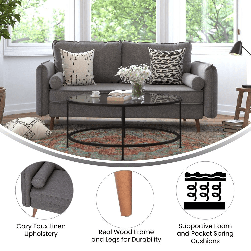 Evie Mid - Century Modern Sofa with Faux Linen Fabric Upholstery & Solid Wood Legs in Stone Gray - Mervyns