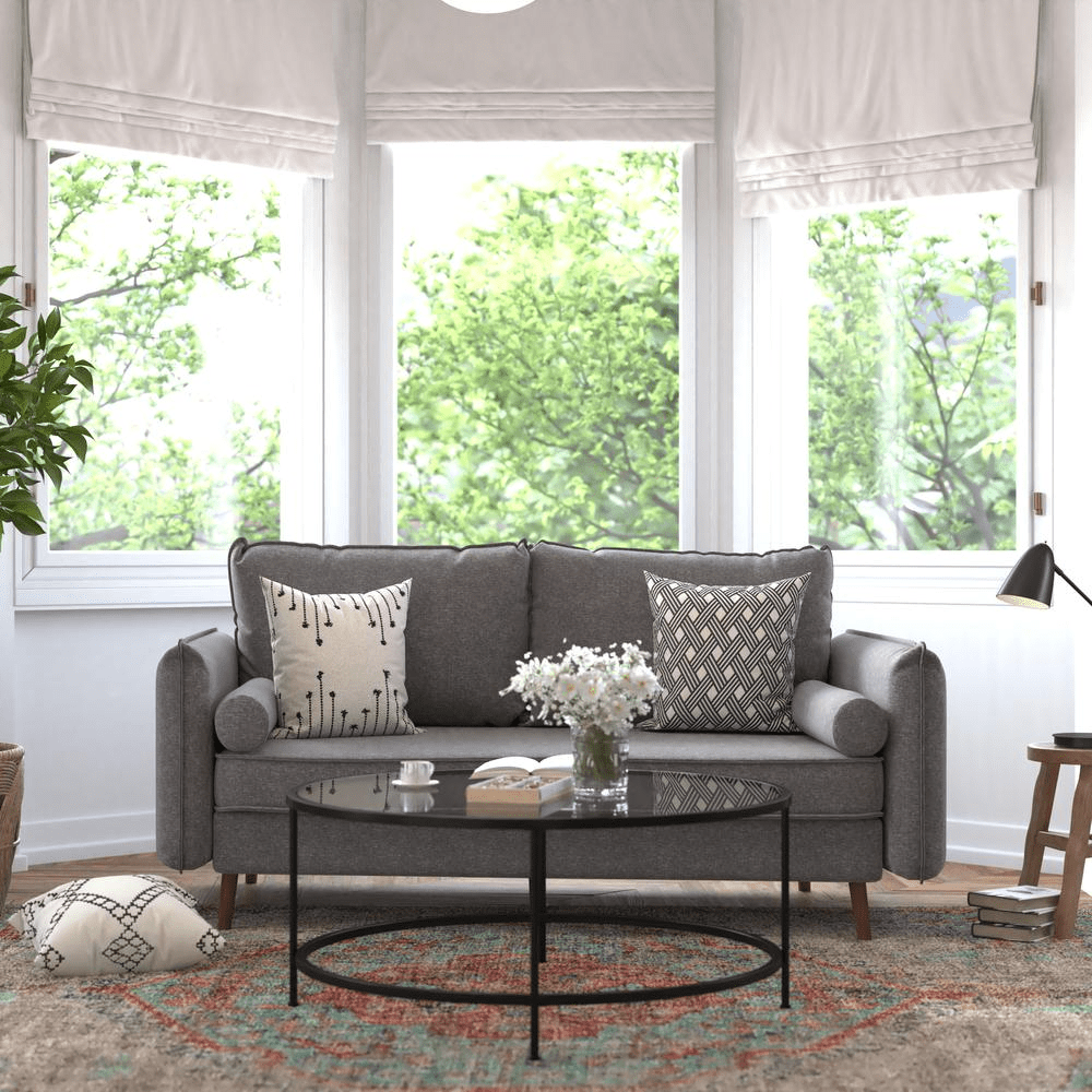 Evie Mid - Century Modern Sofa with Faux Linen Fabric Upholstery & Solid Wood Legs in Stone Gray - Mervyns