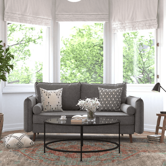 Evie Mid - Century Modern Sofa with Faux Linen Fabric Upholstery & Solid Wood Legs in Stone Gray - Mervyns