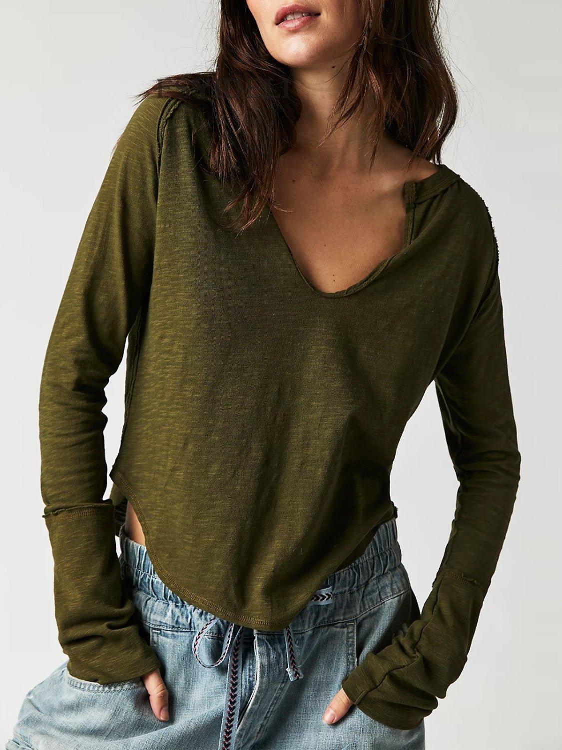 Exposed Seam Notched Long Sleeve T-Shirt - Mervyns