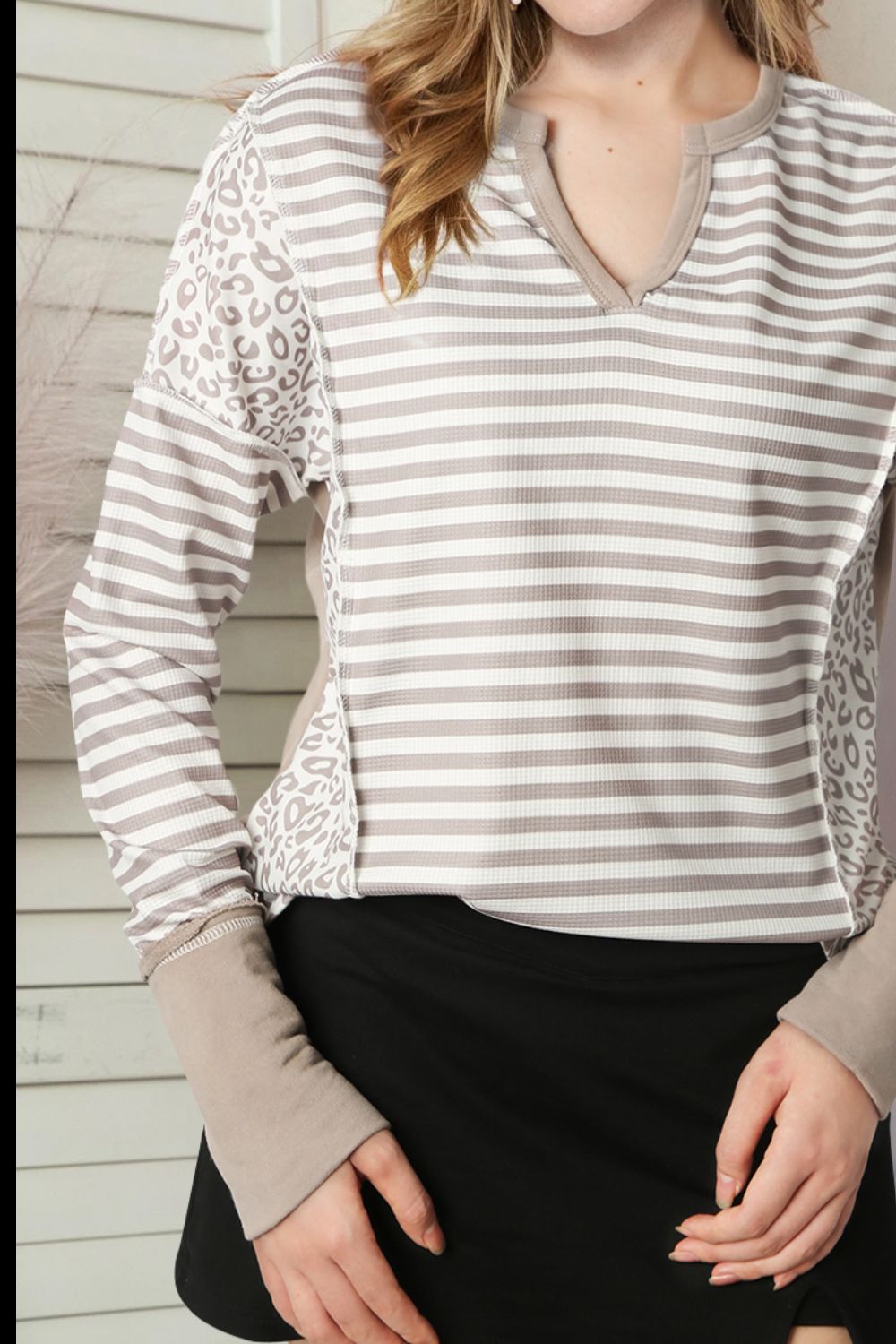 Exposed Seam Striped Notched Blouse - Mervyns