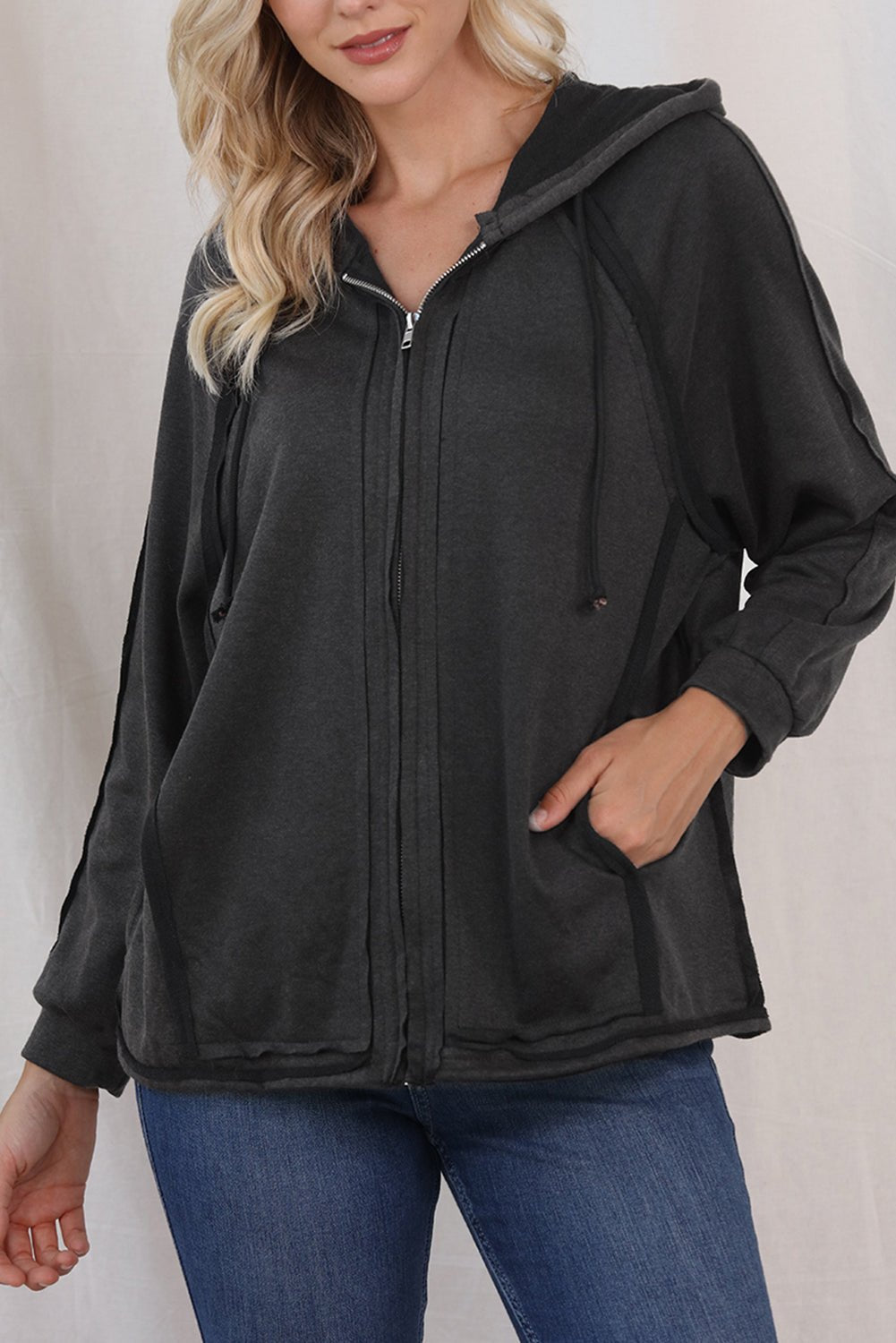 Exposed Seam Zip Up Long Sleeve Drawstring Hoodie - Mervyns