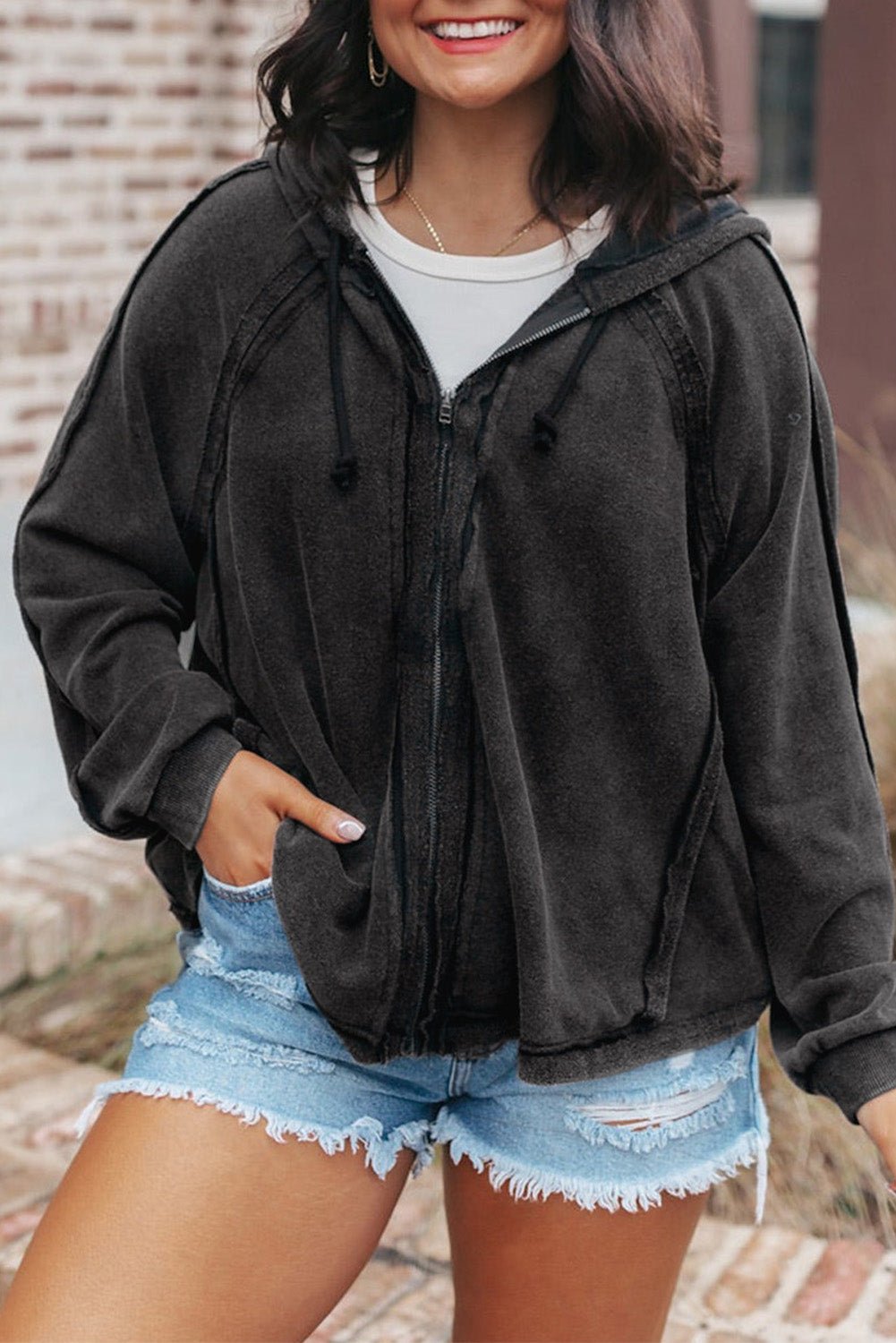 Exposed Seam Zip Up Long Sleeve Drawstring Hoodie - Mervyns