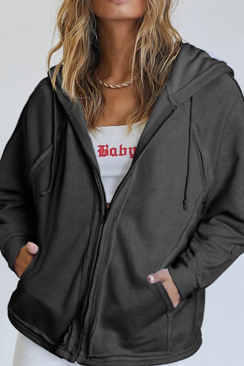 Exposed Seam Zip Up Long Sleeve Drawstring Hoodie - Mervyns