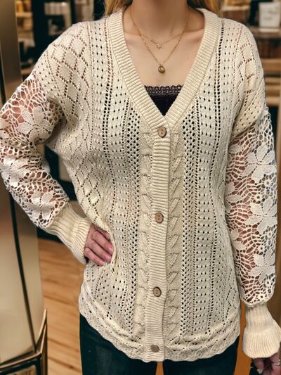 Eyelet Button Up Lantern Sleeve Cardigan - Mervyns