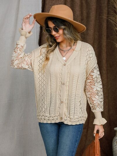 Eyelet Button Up Lantern Sleeve Cardigan - Mervyns