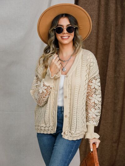 Eyelet Button Up Lantern Sleeve Cardigan - Mervyns