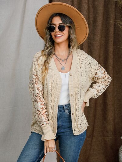 Eyelet Button Up Lantern Sleeve Cardigan - Mervyns