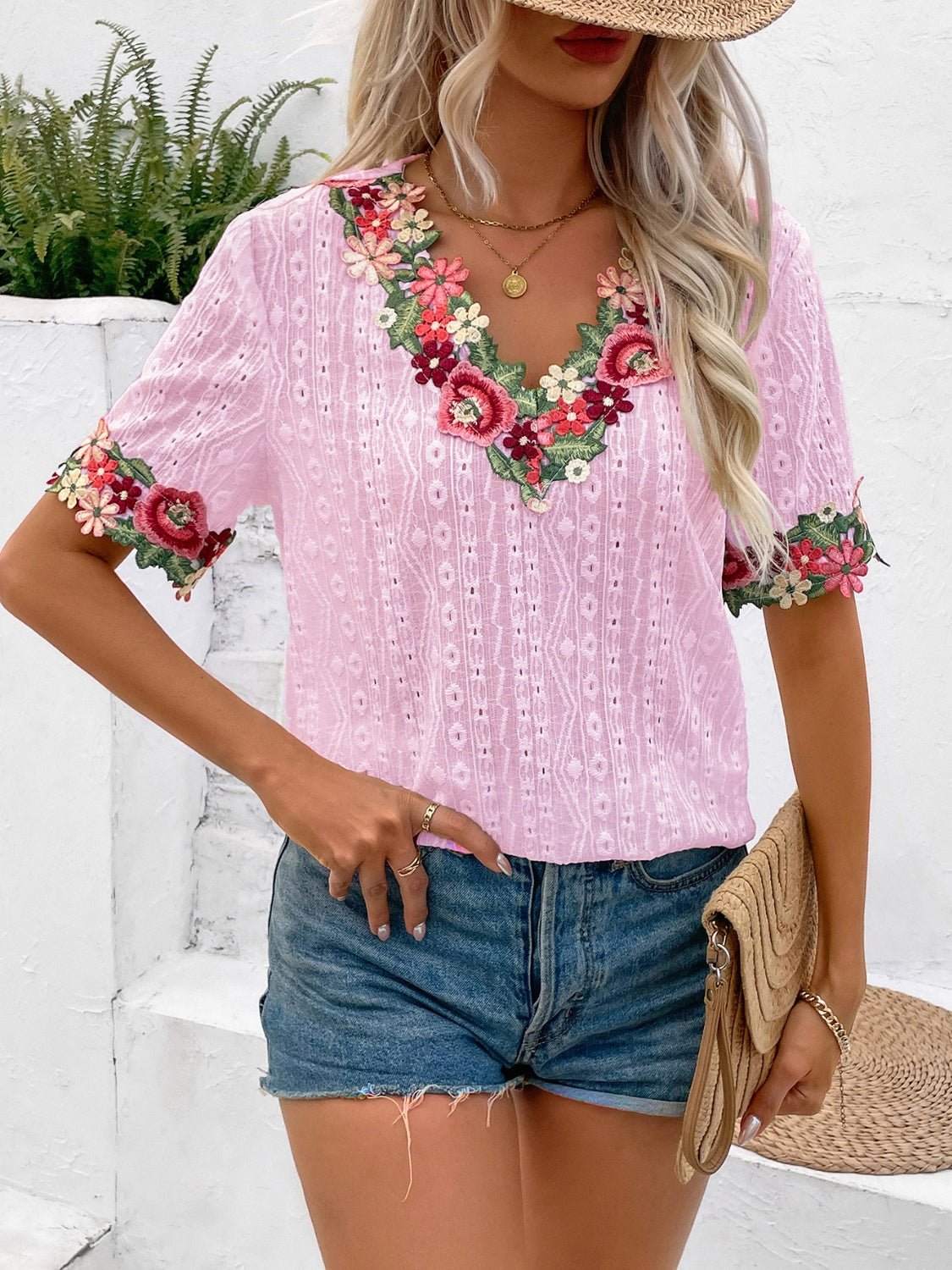 Eyelet Embroidered V - Neck Short Sleeve Blouse - Mervyns